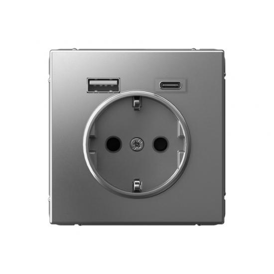 РОЗЕТКА 16 А с 2 USB А+С 1 порт 20 А5 А   Сталь