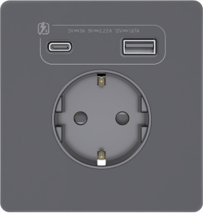 Розетка с заземлением и шторками System Electric Infinity 16А+ USB A+С 20Вт,  вулканический пепел FSE000732
