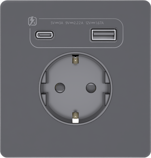 Розетка с заземлением и шторками System Electric Infinity 16А+ USB A+С 20Вт,  вулканический пепел FSE000732