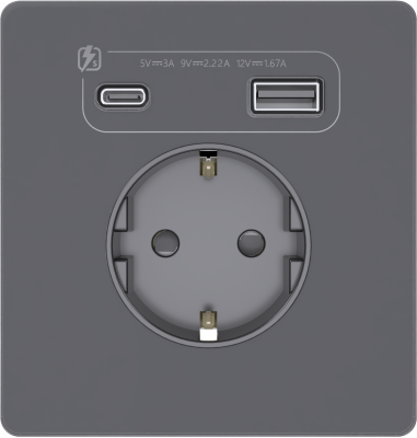 Розетка с заземлением и шторками System Electric Infinity 16А+ USB A+С 20Вт,  вулканический пепел FSE000732