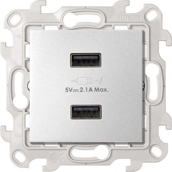 Зарядное устройство 2хUSB 5В 2.4A 230В~, цвет алюминий, Simon 24 Harmonie