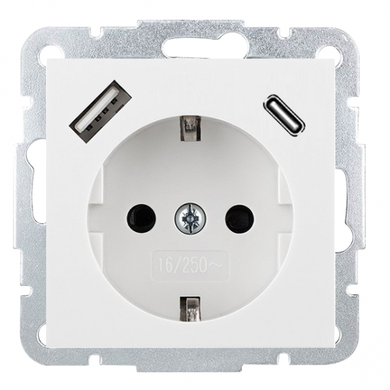 Розетка 220в 2к+З с двумя USB порта типа A и типа С: 5V 3A, 12V 1,5A,  max. 18W, белый глянец