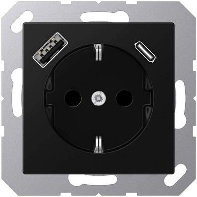 Розетка 220в 2к+З с двумя USB порта типа A и типа С: 5V 3A, 12V 1,5A,  max. 18W, черный матовый