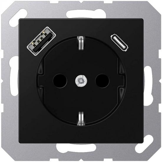 Розетка 220в 2к+З с двумя USB порта типа A и типа С: 5V 3A, 12V 1,5A,  max. 18W, черный матовый