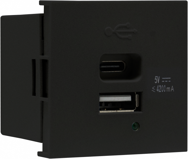 USB зарядное устройство, 4.2A , Type A + C, 2 мод., черн. матовая (45х45мм)