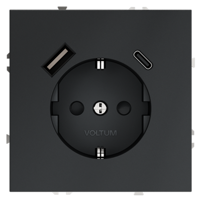 Розетка встраиваемая VOLTUM S70 с заземлением и защитными шторками, 16А, с USB, A+С, (графит)