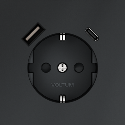 Розетка встраиваемая VOLTUM S70 с заземлением и защитными шторками, 16А, с USB, A+С, (графит)