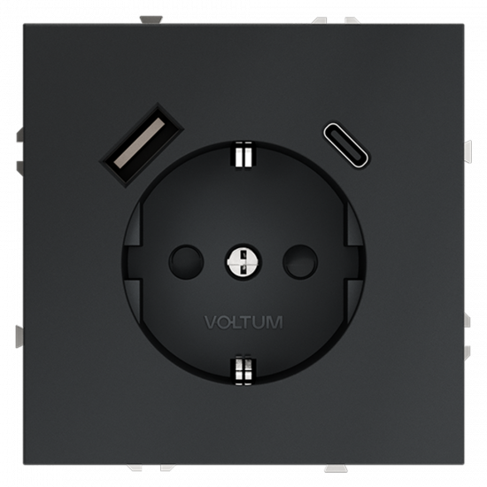 Розетка встраиваемая VOLTUM S70 с заземлением и защитными шторками, 16А, с USB, A+С, (графит)