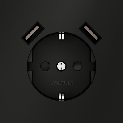 Розетка встраиваемая VOLTUM S70 с заземлением и защитными шторками, 16А, с USB, A+A, (черный матовый