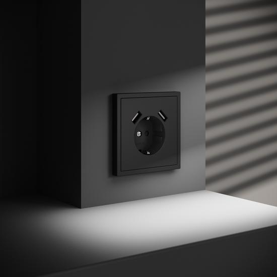 Розетка встраиваемая VOLTUM S70 с заземлением и защитными шторками, 16А, с USB, A+A, (черный матовый