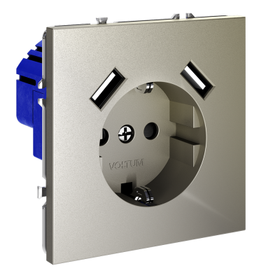 Розетка встраиваемая VOLTUM S70 с заземлением и защитными шторками, 16А, с USB, A+A, (шелк)