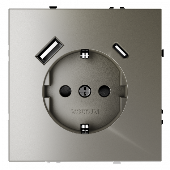 Розетка встраиваемая VOLTUM S70 с заземлением и защитными шторками, 16А, с USB, A+С, (шелк)