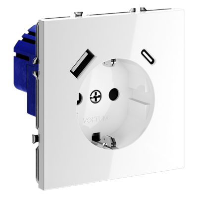 Розетка встраиваемая VOLTUM S70 с заземлением и защитными шторками, 16А, с USB, A+С, (белый глянцевы