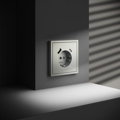 Розетка встраиваемая VOLTUM S70 с заземлением и защитными шторками, 16А, с USB, A+С, (сталь)